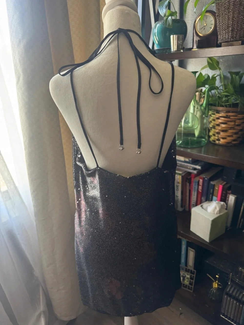 Free People Metallic Black Slip Dress with Pink Floral Accents - Picture 2 of 5